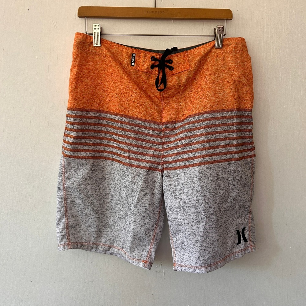 Hurley Board Shorts Mens 32 Orange Grey Striped Swim Trunks Surfer Grunge Skater